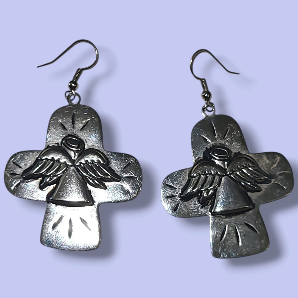 Big Silver Tone Metal Angel Cross Dangle Earrings